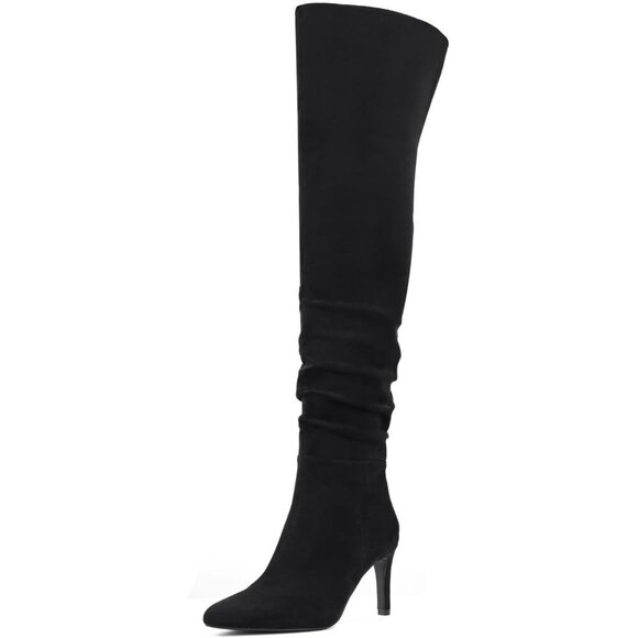 Women Suede Black Thigh High Over The Knee Stiletto Heel Pointed Toe Long Boot - Picture 1 of 7